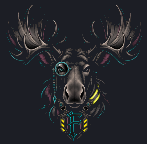 Illustration of a monocled moose with broad antlers wearing a hi-vis yellow striped collar and a shield chest crest bearing the letter F, drawn in charcoal with plum and teal accents
